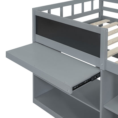 Twin Size Low Loft Bed With Rolling Desk, Shelf And Drawers - Gray