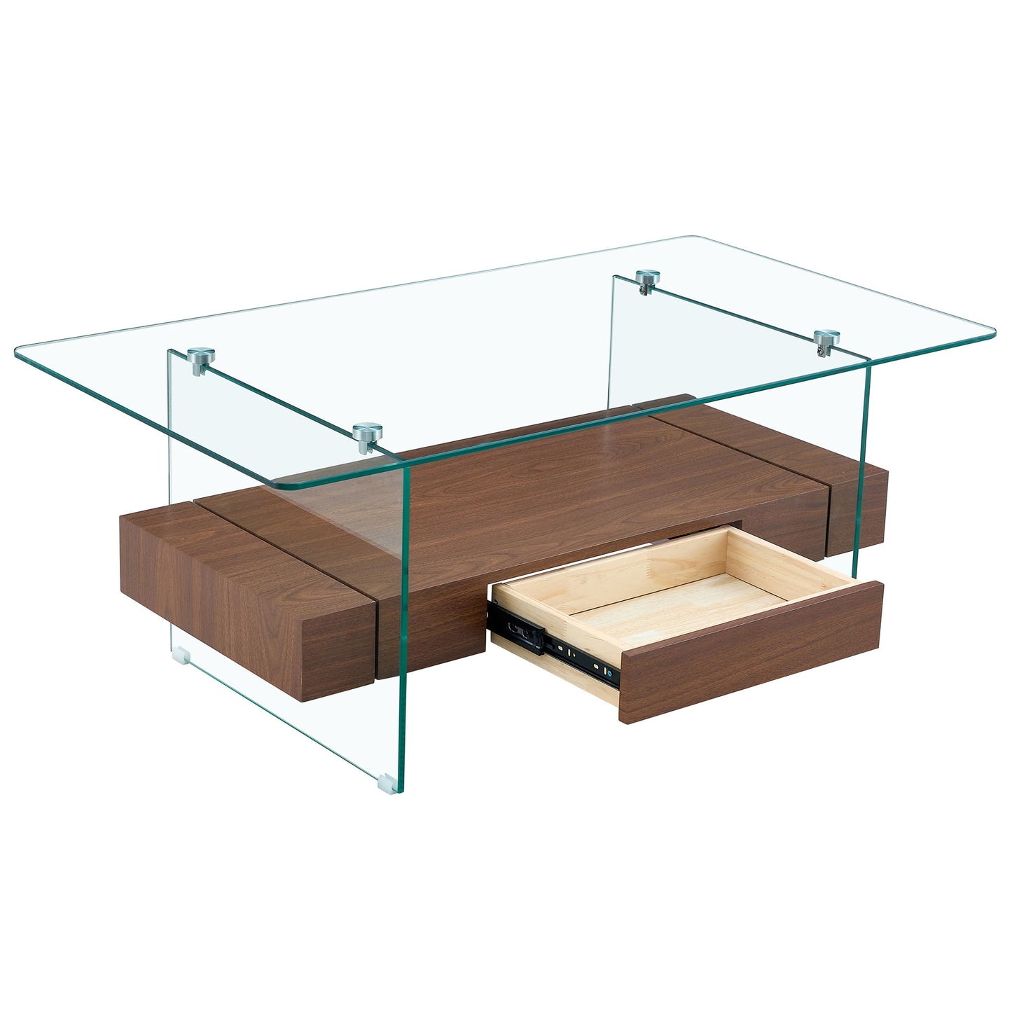 Modern 2 Tier Coffee Table With Drawer Clear Tempered Glass, Multifunctional Storage - Transparent / Wood