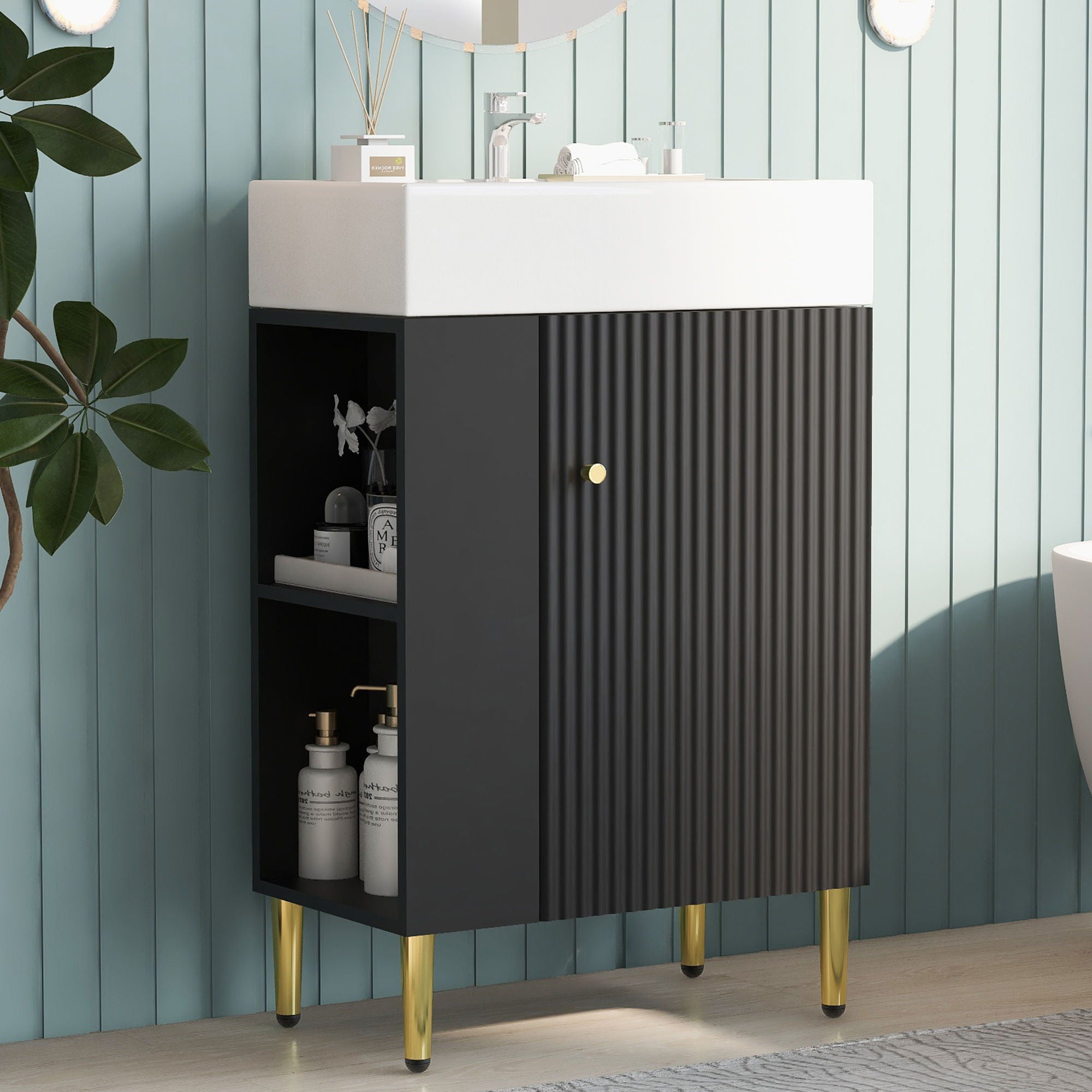 Bathroom Vanity, Combo Cabinet, Bathroom Storage Cabinet, Single Ceramic Sink, Left Side Storage - Black