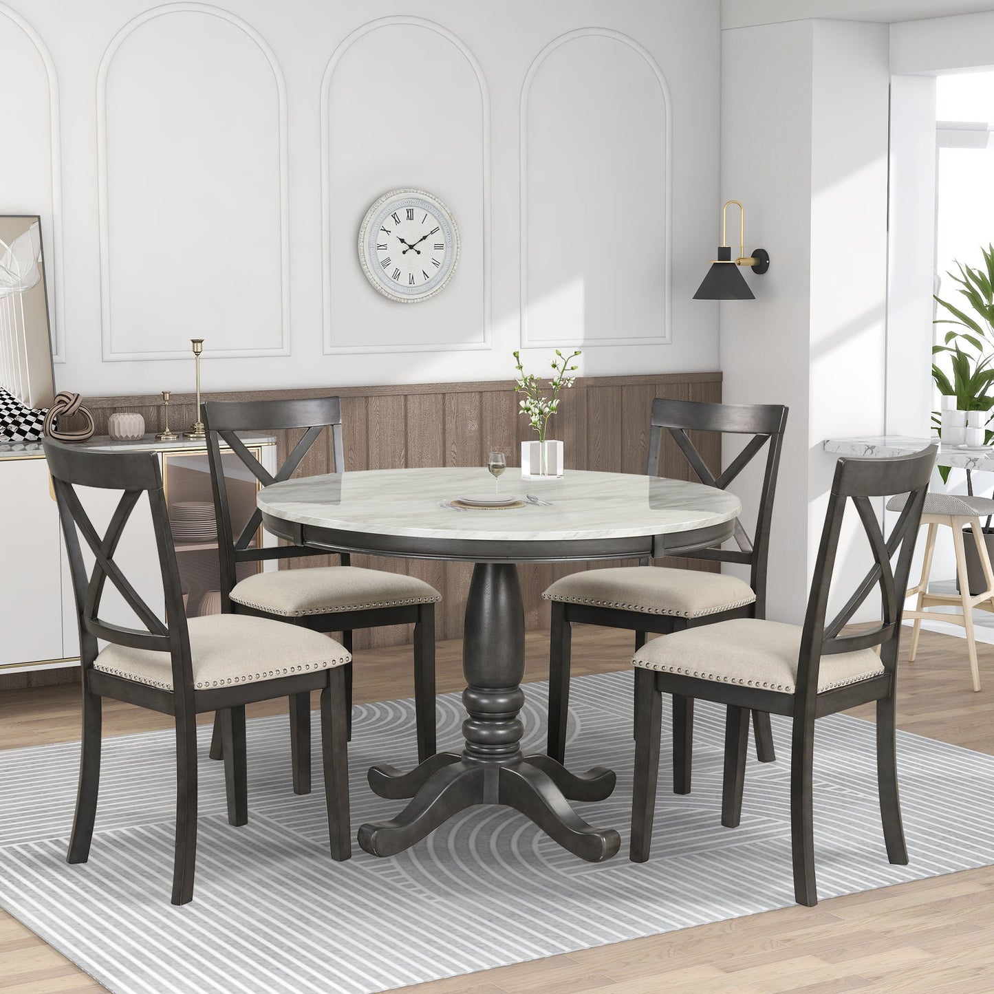 5 Pieces Dining Table And Chairs Set For 4 Persons, Kitchen Room Solid Wood Table With 4 Chairs - Gray