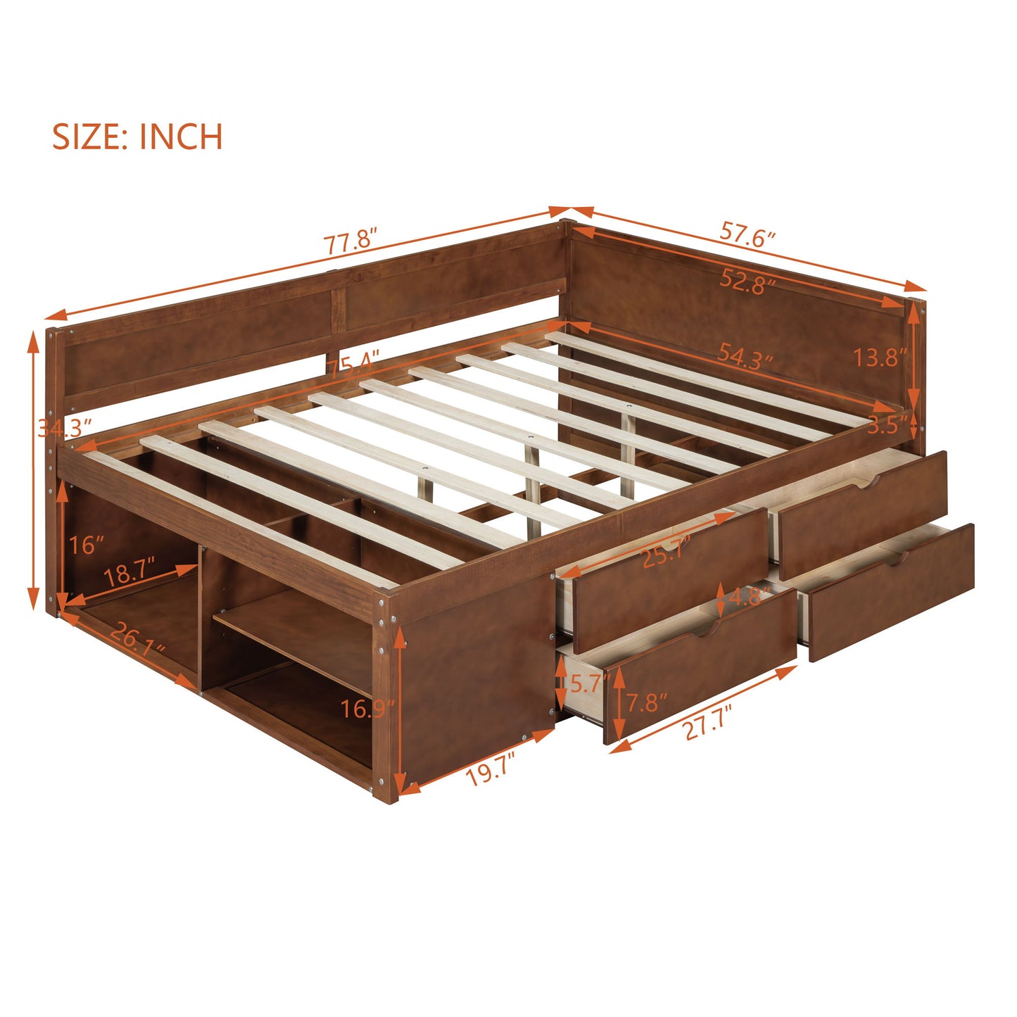 Full Size Daybed With Drawers And Shelves - Walnut
