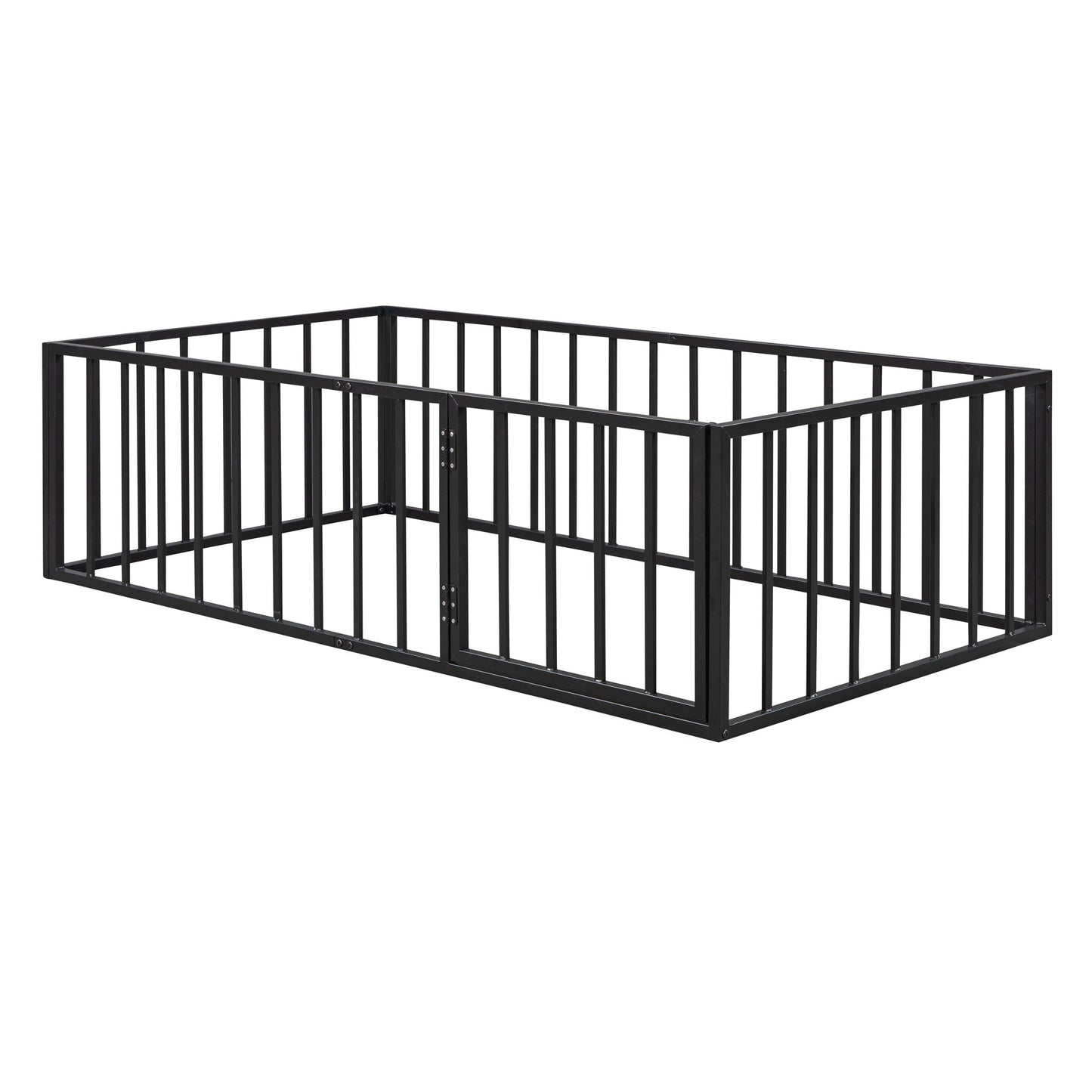Twin Size Floor Bed Frame With Fence And Door - Black