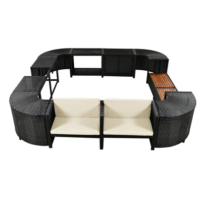 Spa Surround Spa Frame Quadrilateral Outdoor Rattan Sectional Sofa Set With Mini Sofa, Wooden Seats And Storage Spaces - Beige