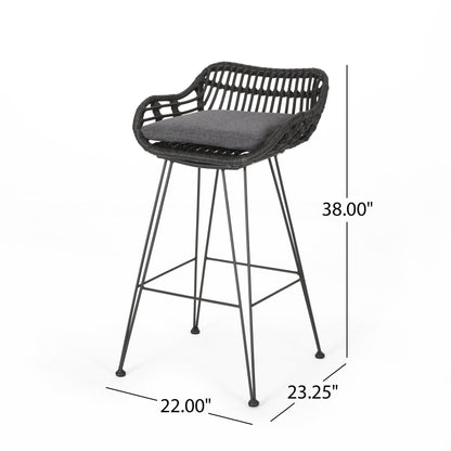 Outdoor Wicker Barstool With Cushions (Set of 2) - Gray
