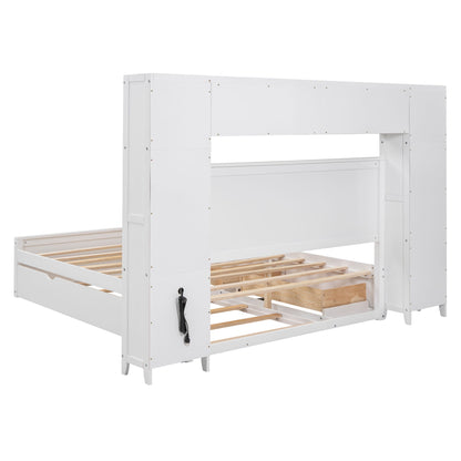Queen Size Bed With All In One Cabinet, Shelf And Sockets, Twin Long Trundle - White