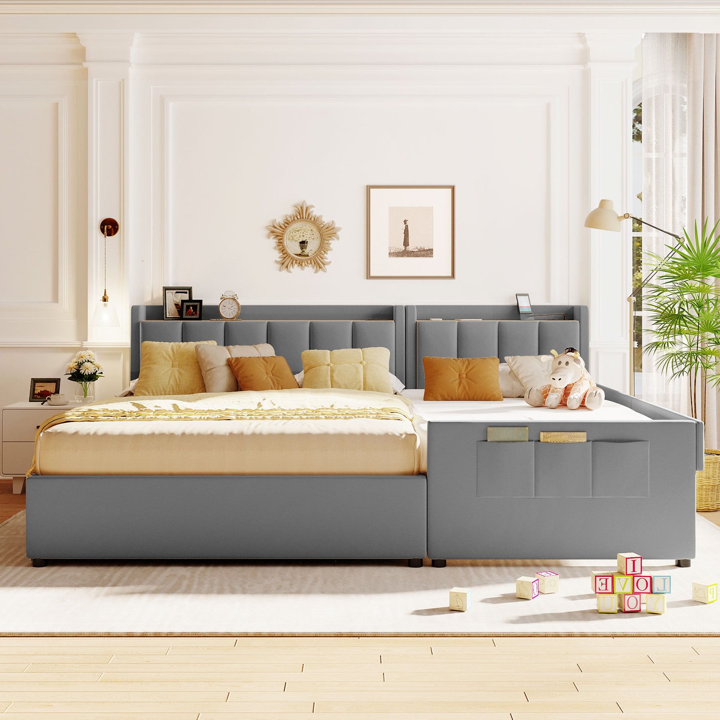Queen & Twin Long Size Upholstered Platform Bed, Mother & Child Bed With Hydraulic Storage System, Drawer Box, Bedhead Storage Shelf And 2 Pairs Of Sockets & USB Ports - Gray