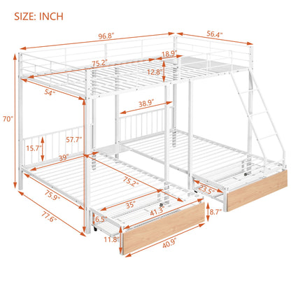 Full Over Twin & Twin Bunk Bed, Triple Bunk Bed With Drawers And Guardrails - White