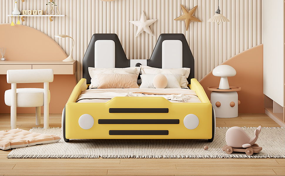 Twin Size Race Car Shaped Platform Bed With Wheels - Yellow
