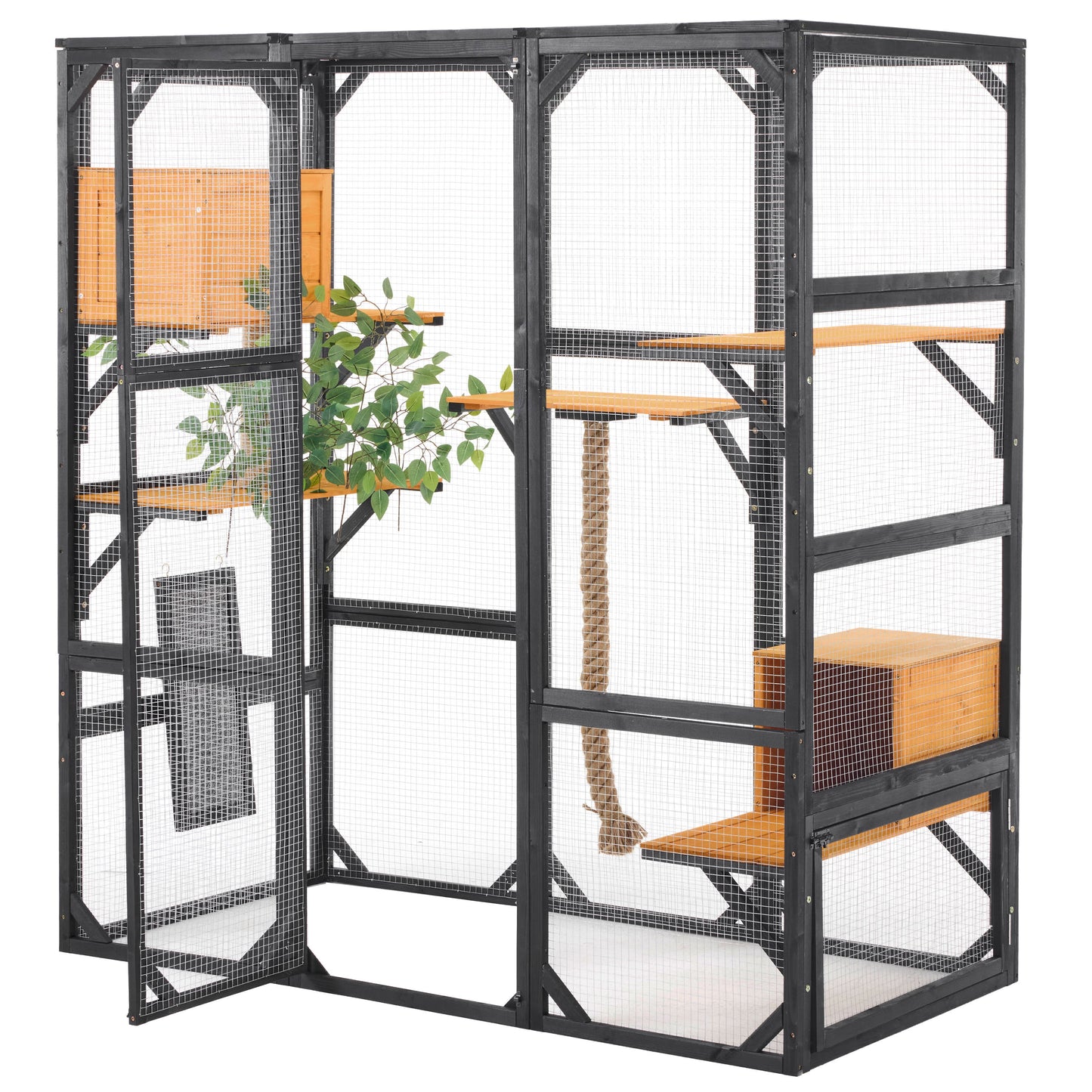 Outdoor Cat House, Diy Cat Enclosure With Double Enter Doors - Black Brown