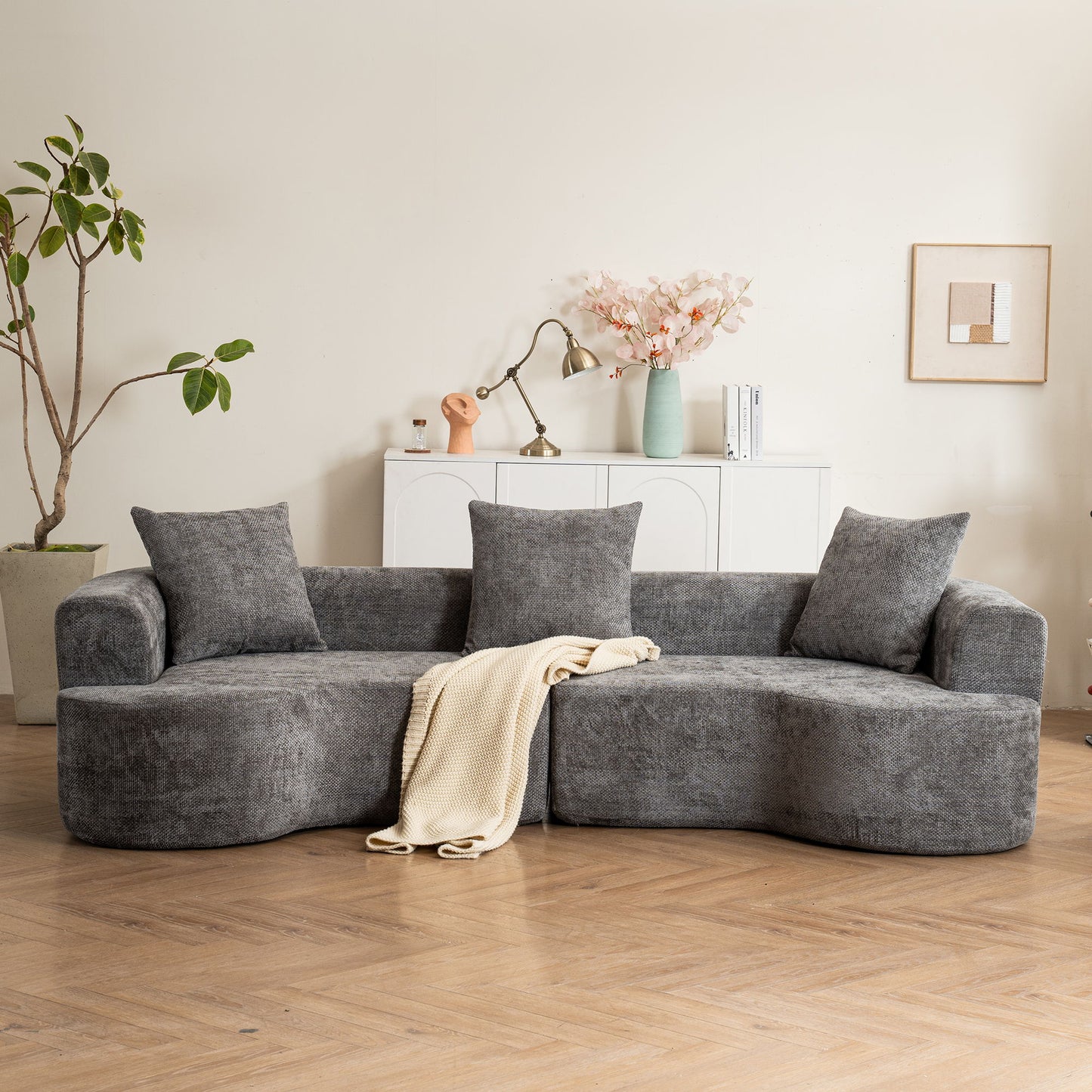 Modern Style Curved Sofa, Soft Cushioned Corduroy Sofa With 3 Pillows, Living Room Super Smooth Curved Fabric Sofa - Gray