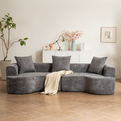 Modern Style Curved Sofa, Soft Cushioned Corduroy Sofa With 3 Pillows, Living Room Super Smooth Curved Fabric Sofa - Gray