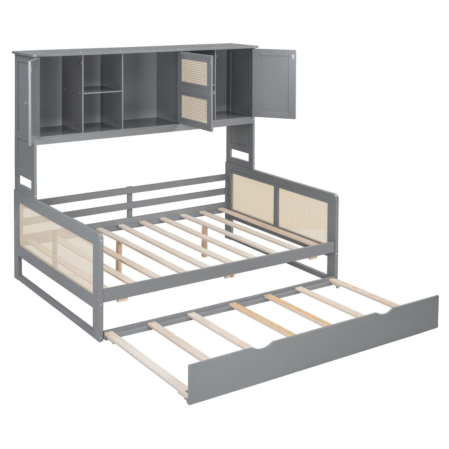 Full Size Wooden Daybed & Twin Size Trundle, And All In One Cabinet And Shelf - Gray