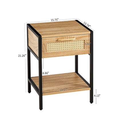 15.74" Rattan End Table With Drawer, Modern Nightstand, Metal Legs, Side Table For Living Room, Bedroom - Natural