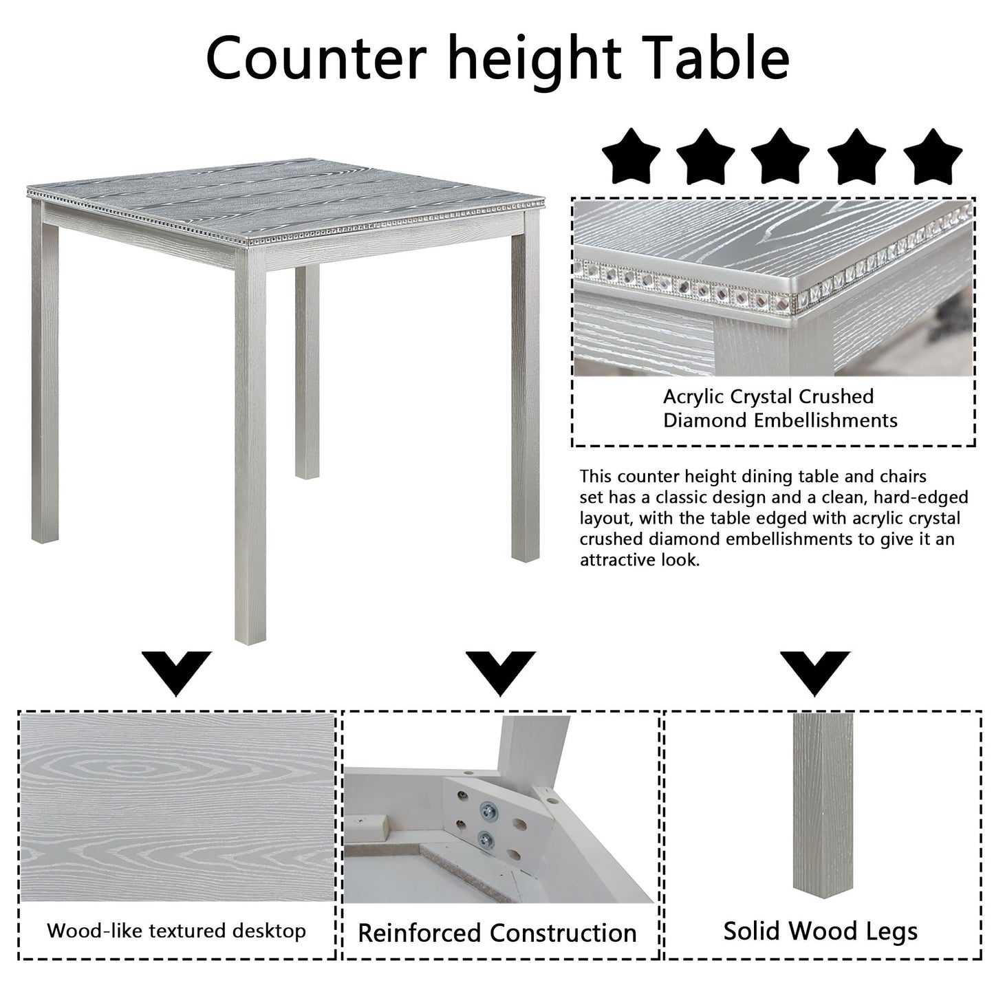 5 Piece Counter Height Table Set, Wooden Kitchen Table Set With Square Table And 4 Upholstered Chairs, Counter Height Dining Table With Crystal Decoration And Chair Set - Silver Gray