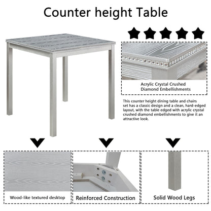 5 Piece Counter Height Table Set, Wooden Kitchen Table Set With Square Table And 4 Upholstered Chairs, Counter Height Dining Table With Crystal Decoration And Chair Set - Silver Gray