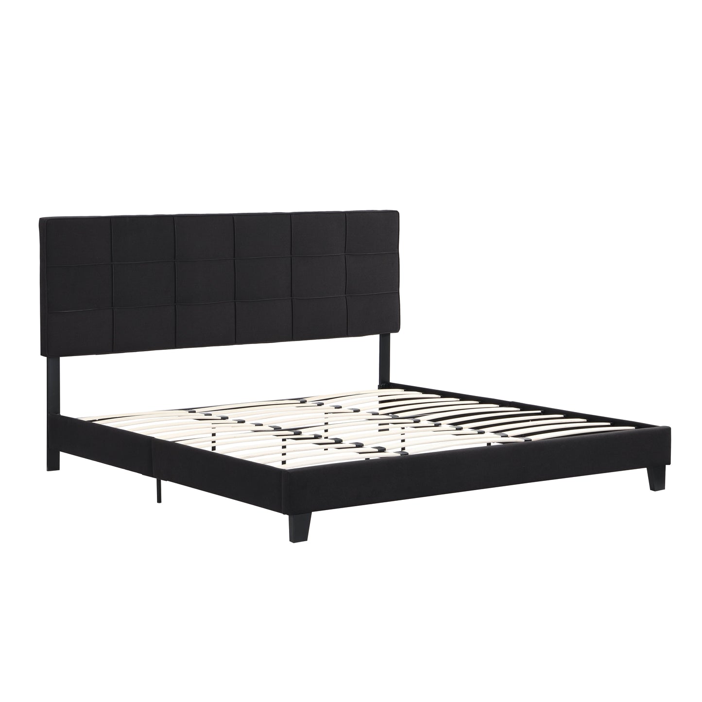 King Size Upholstered Platform Bed Frame With Linen Fabric Headboard, No Box Spring Needed, Wood Slat Support - Black