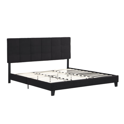 King Size Upholstered Platform Bed Frame With Linen Fabric Headboard, No Box Spring Needed, Wood Slat Support - Black