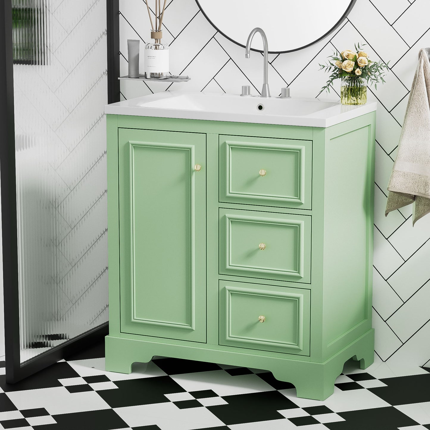 Bathroom Vanity Cabinet With Ceramic Basin, 3 Drawers And Adjustable Shelves - Green