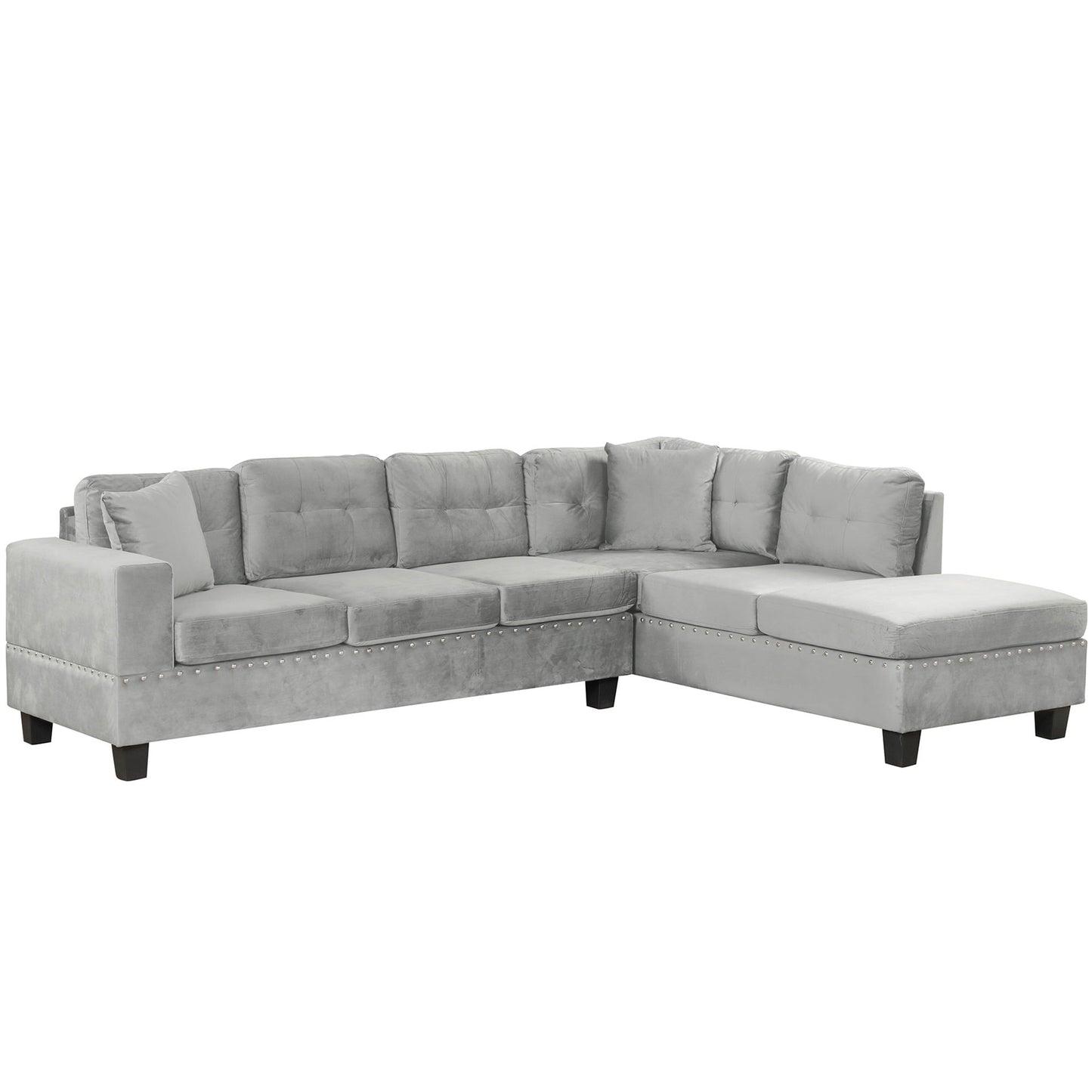 Modern Sectional Sofa With Storage Ottoman, L - Shape Couch With 2 Pillows And Cup Holders - Gray