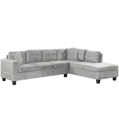 Modern Sectional Sofa With Storage Ottoman, L - Shape Couch With 2 Pillows And Cup Holders - Gray