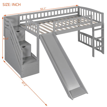 Twin Size Loft Stairway Bed With 2 Drawers And Slide - Gray