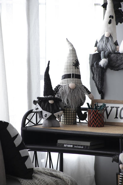 Sitting Gnome With Hat Spider, For Halloween Decor - Black White
