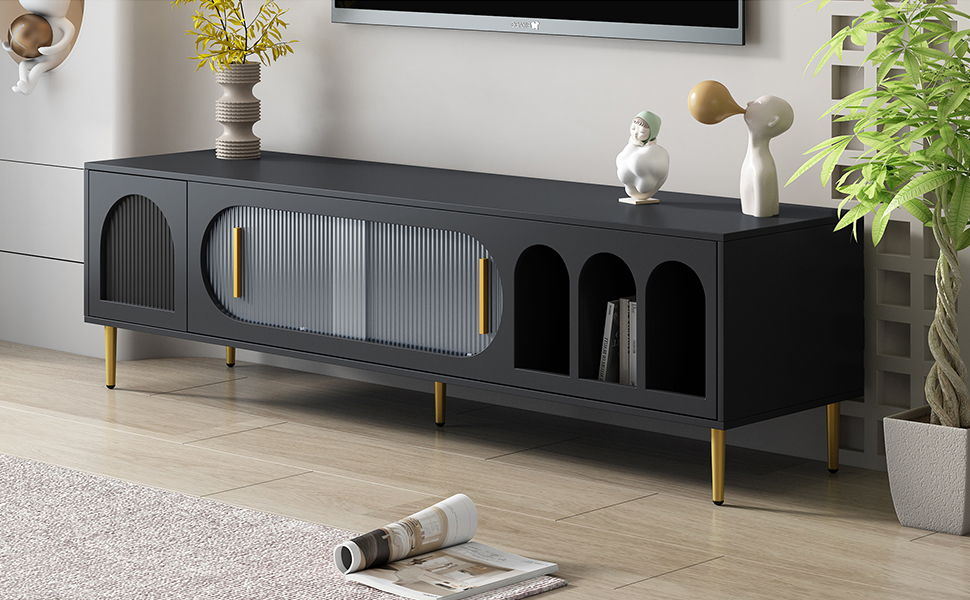 Modern TV Stand For Up To 70" TV, Entertainment Center TV Media Console Table, With 3 Shelves And 2 Cabinets, TV Console Cabinet Furniture For Living Room - Black