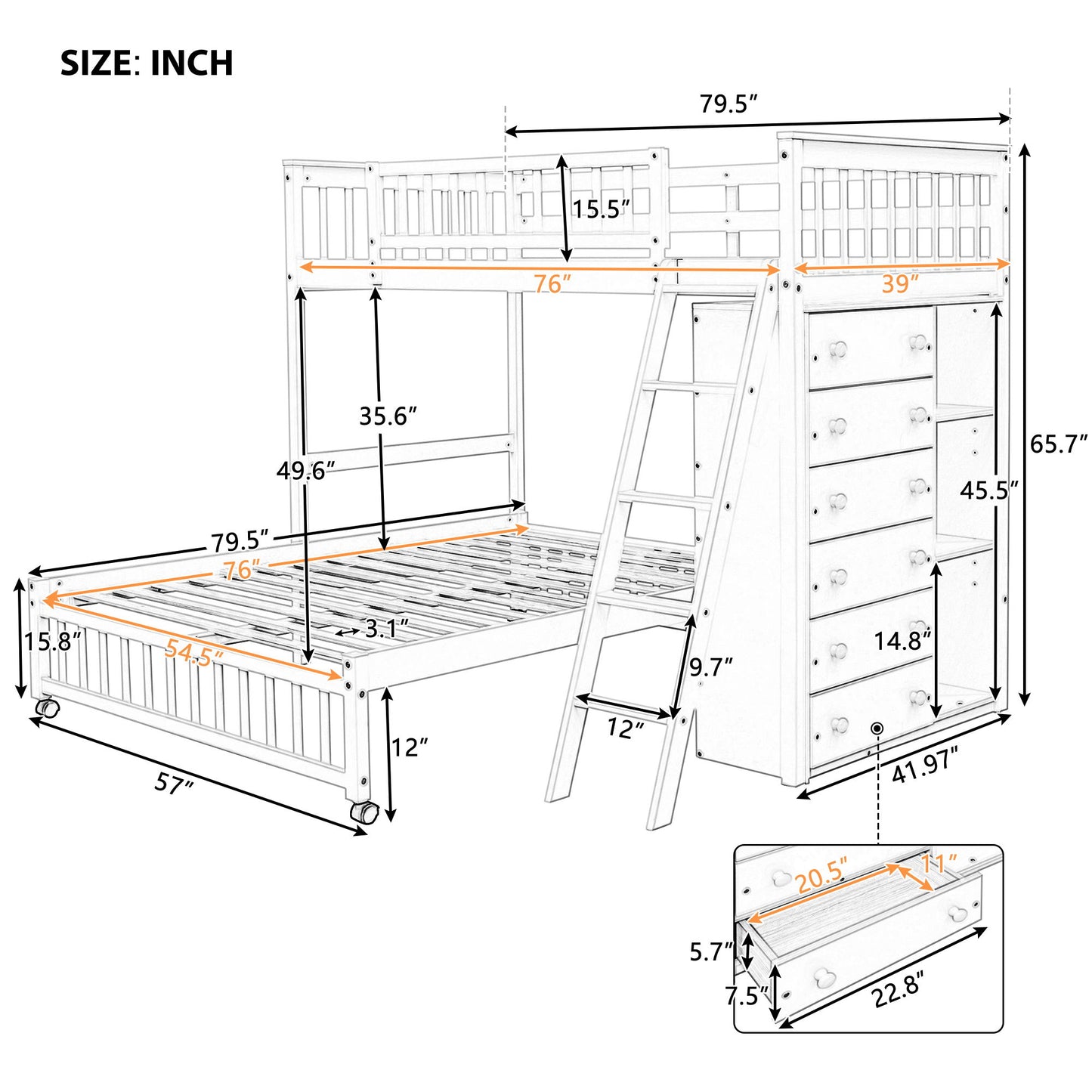Twin Over Full Bunk Bed With 6 Drawers And Flexible Shelves, Bottom Bed With Wheels - White
