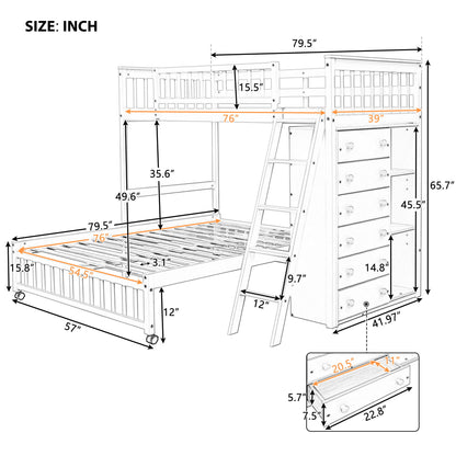 Twin Over Full Bunk Bed With 6 Drawers And Flexible Shelves, Bottom Bed With Wheels - White