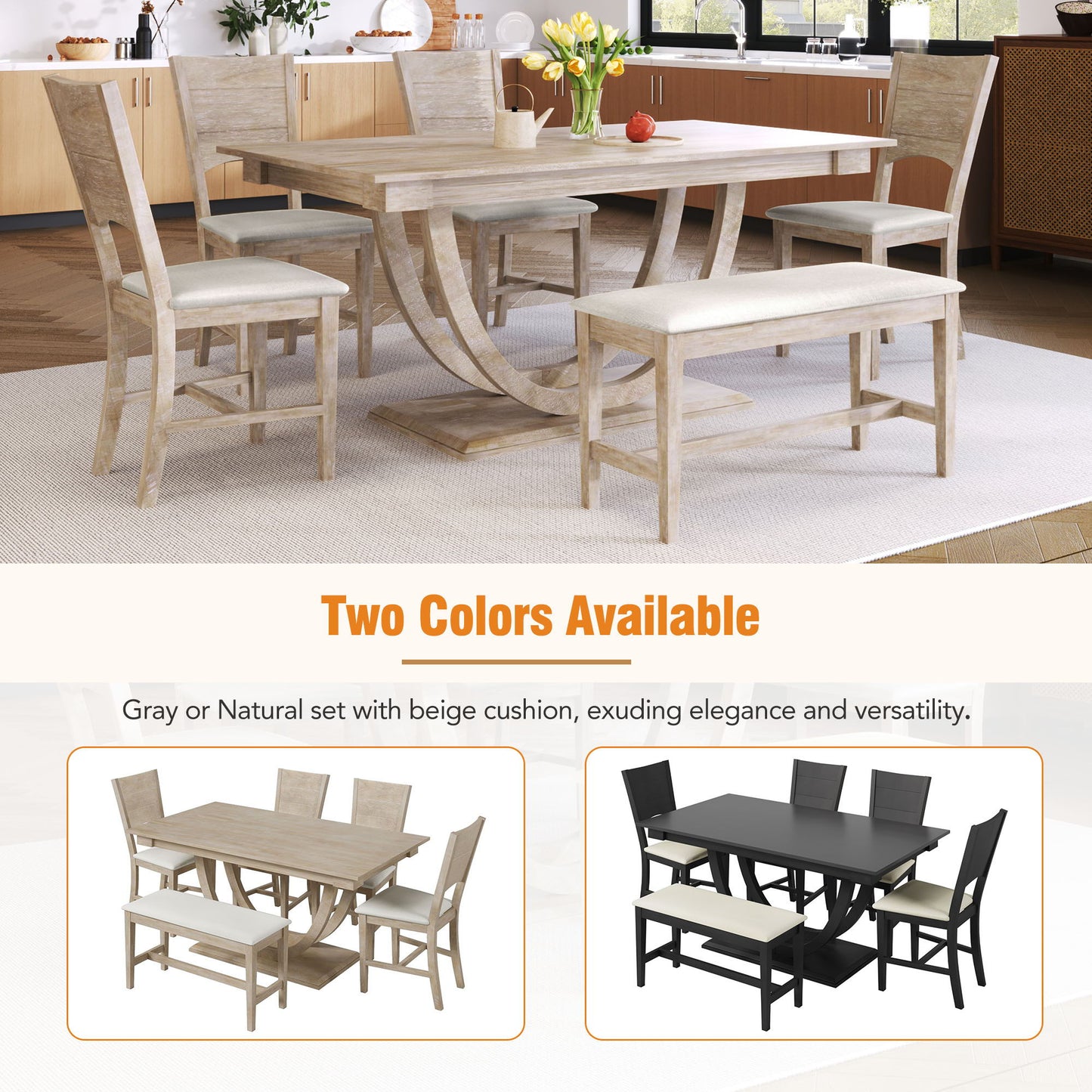 Topmax - 6 Piece Wood Half Round Dining Table Set Kitchen Table Set With Long Bench And 4 Dining Chairs, Modern Style - Natural