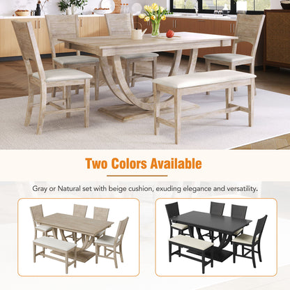 Topmax - 6 Piece Wood Half Round Dining Table Set Kitchen Table Set With Long Bench And 4 Dining Chairs, Modern Style - Natural