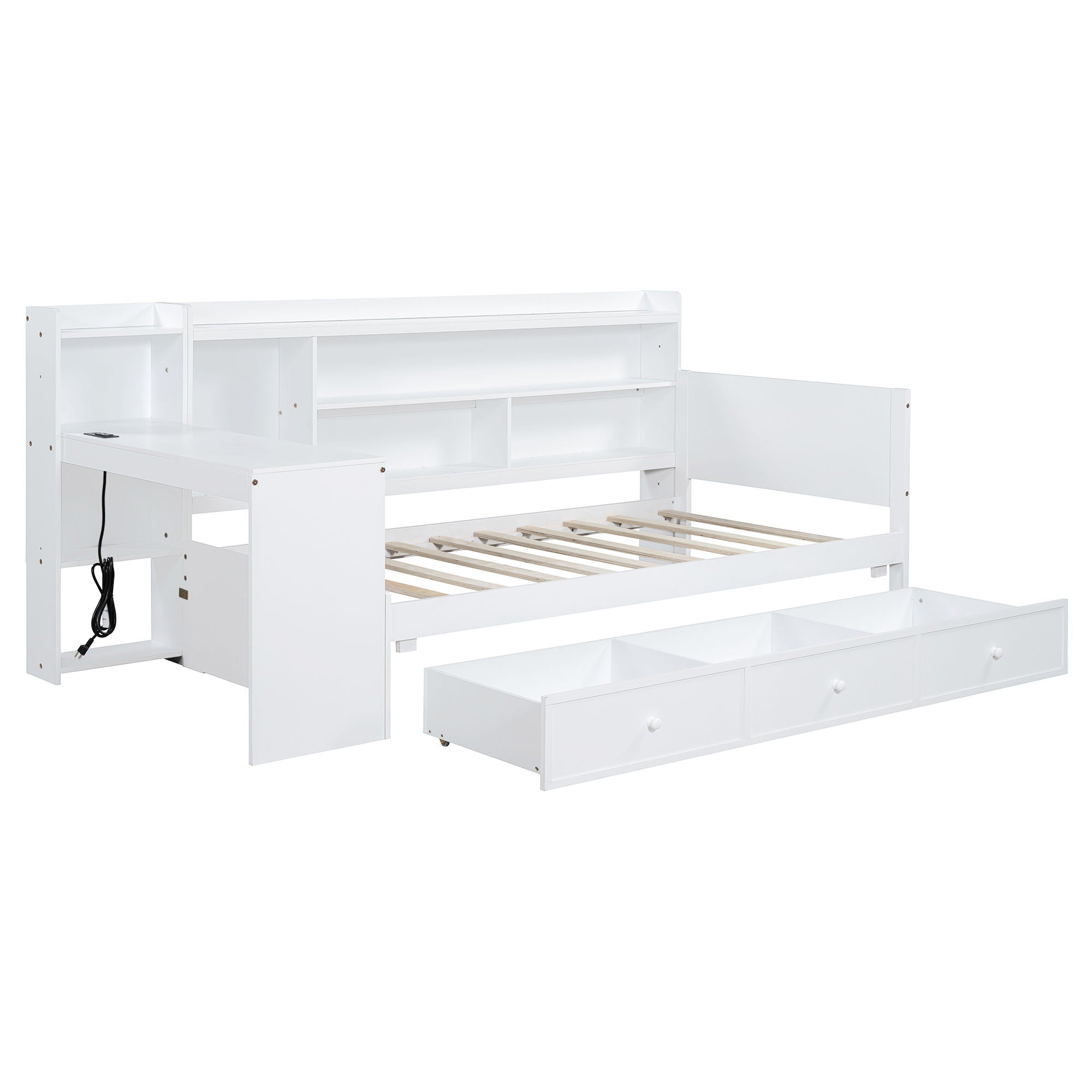 Twin Size Daybed With 3 Drawers USB Ports And Desk - White