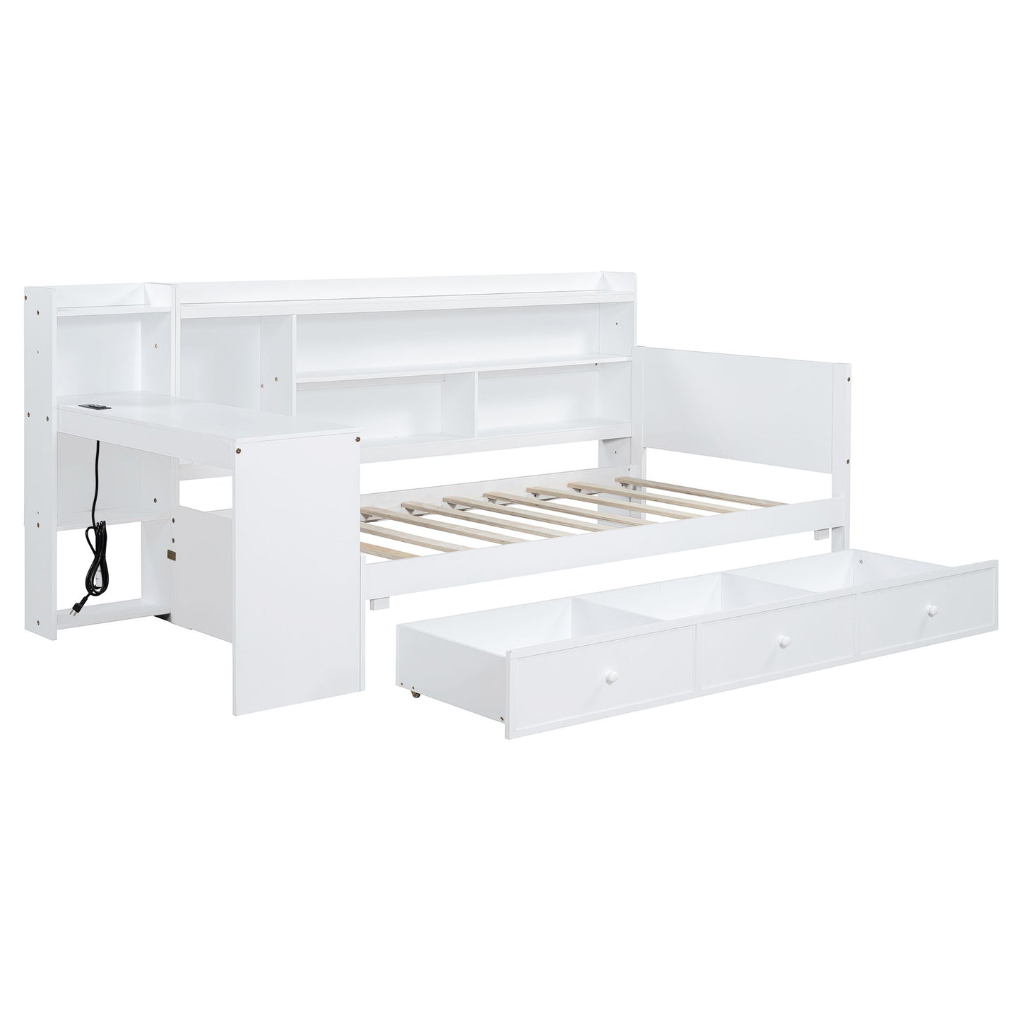 Twin Size Daybed With 3 Drawers USB Ports And Desk - White