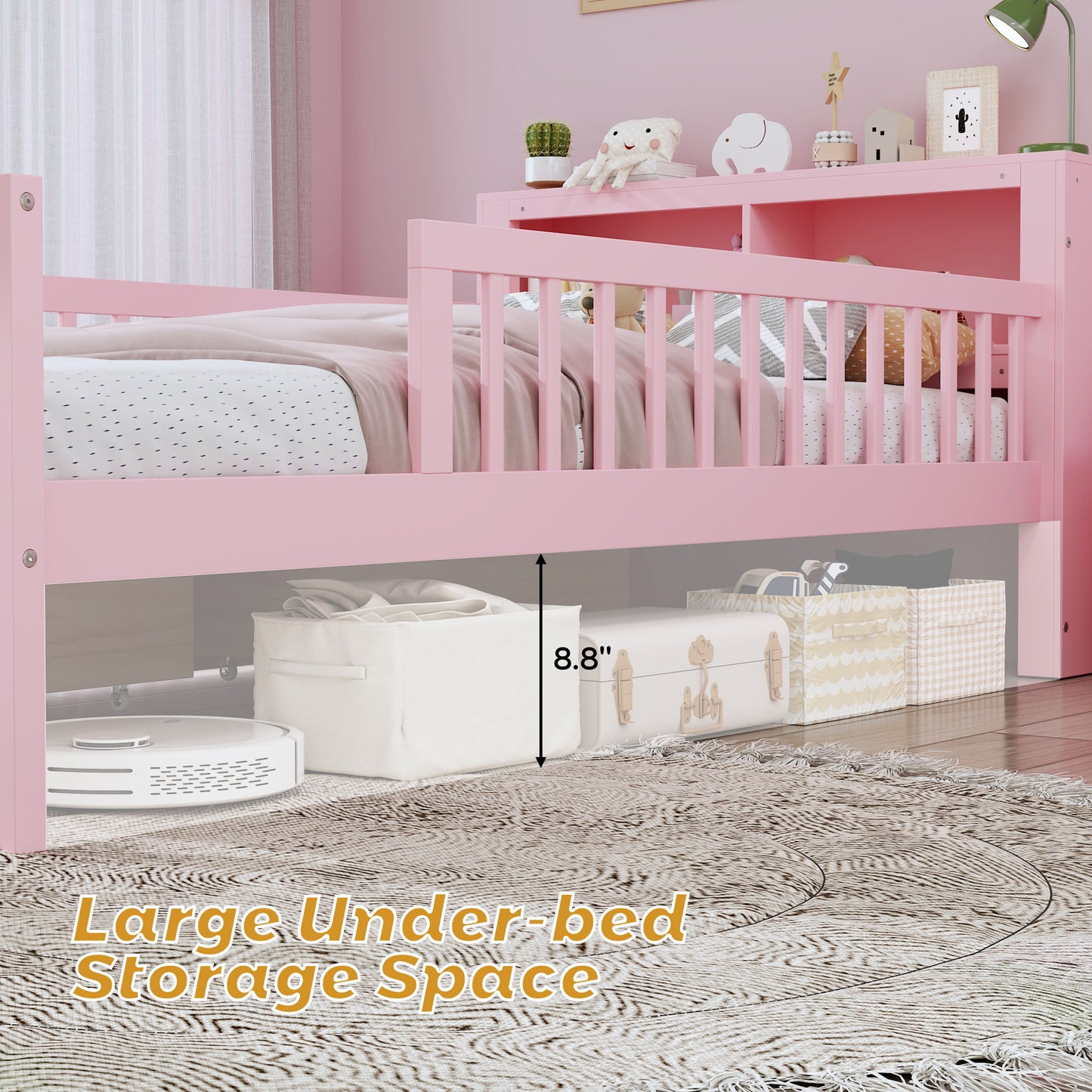 Twin Size Bed With Headboard Storage Rack, 2 Under Bed Drawers, 3 - Side Guardrails For Safety And Security - Pink