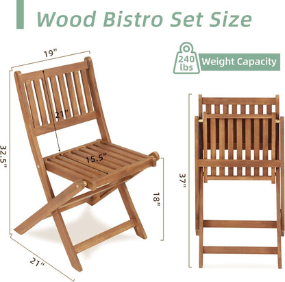 3 Piece Acacia Bistro Set, Folding Patio Furniture For Garden Backyard Balcony Porch With 1 Coffee Table And 2 Foldable Chairs - Light Brown