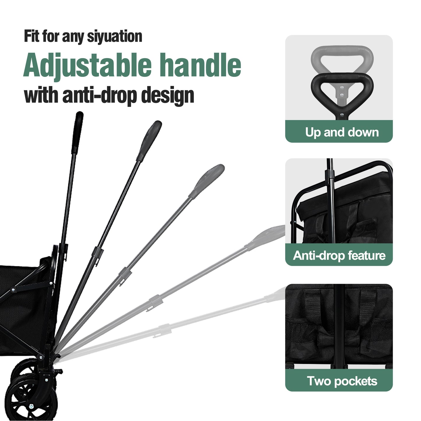 100L Collapsible Folding Beach Wagon Cart With 220Lbs Large Capacity, Wagons Carts Heavy Duty Foldable With Big Wheels For Sand, Garden, Camping - Black