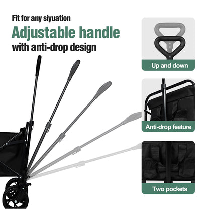 100L Collapsible Folding Beach Wagon Cart With 220Lbs Large Capacity, Wagons Carts Heavy Duty Foldable With Big Wheels For Sand, Garden, Camping - Black