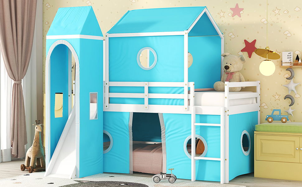 Twin Size Loft Bed With Slide Blue Tent And Tower - Blue