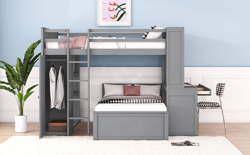 Full Size Loft Bed With A Twin Size Standalone Bed, Shelves, Desk, And Wardrobe - Gray