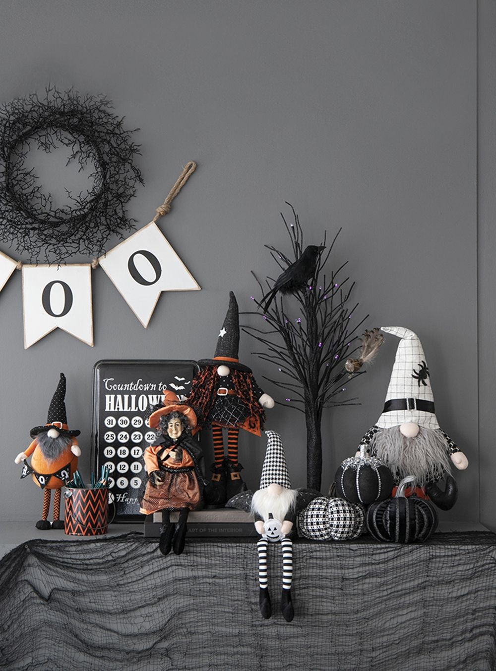 Standing Gnome With Gnome & Holding Banner, For Halloween Decor - Black / Orange / White