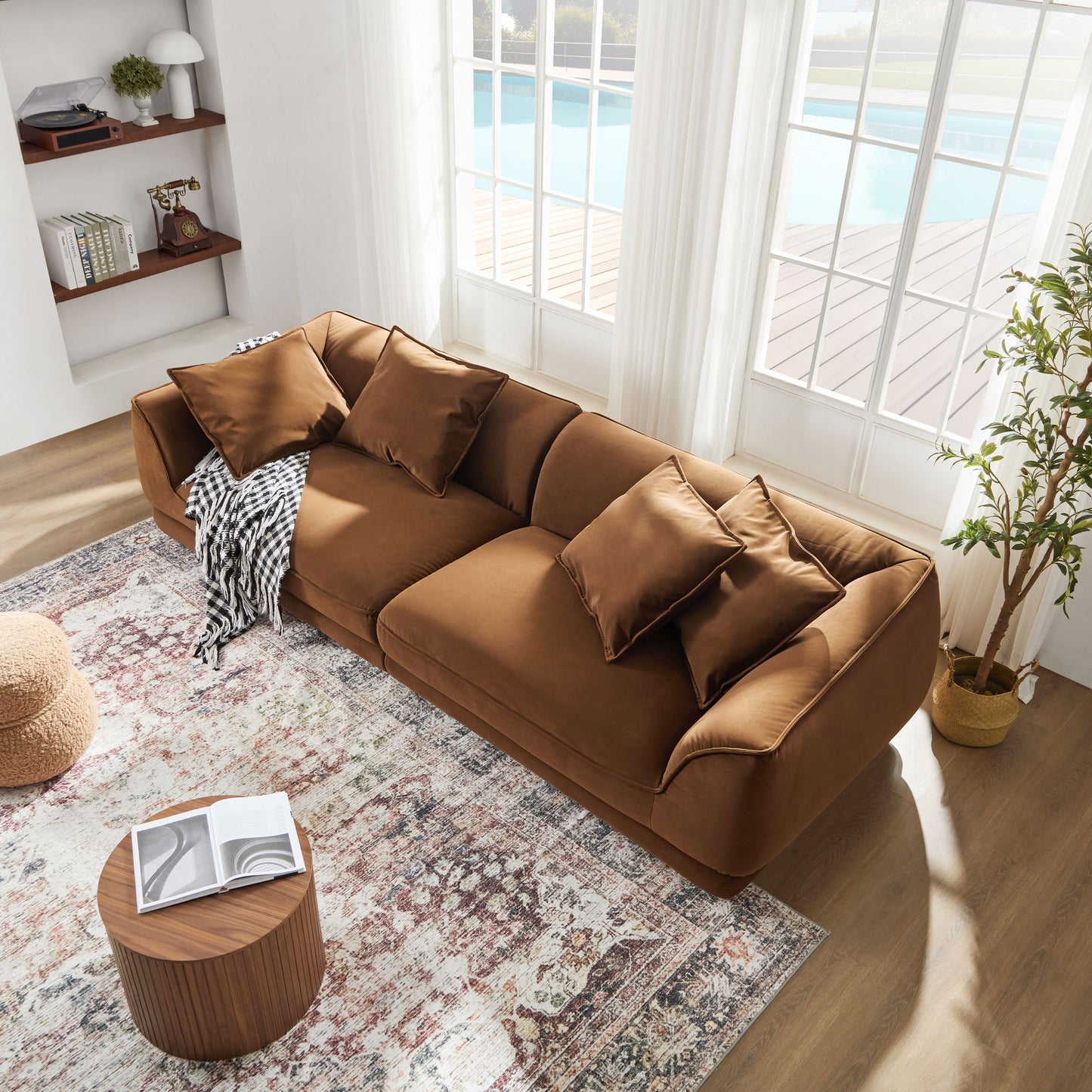 Nordic Modern Sofa With Detachable Pillowcase, French Velvet Fabric, Solid Wood Frame, High Density Sponge Filling - Camel