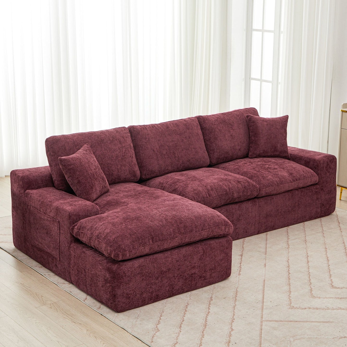 Cloud Sectional Sofa Upholstered Sofa Couch With Double-Layer Cushion And Side Pockets - Red