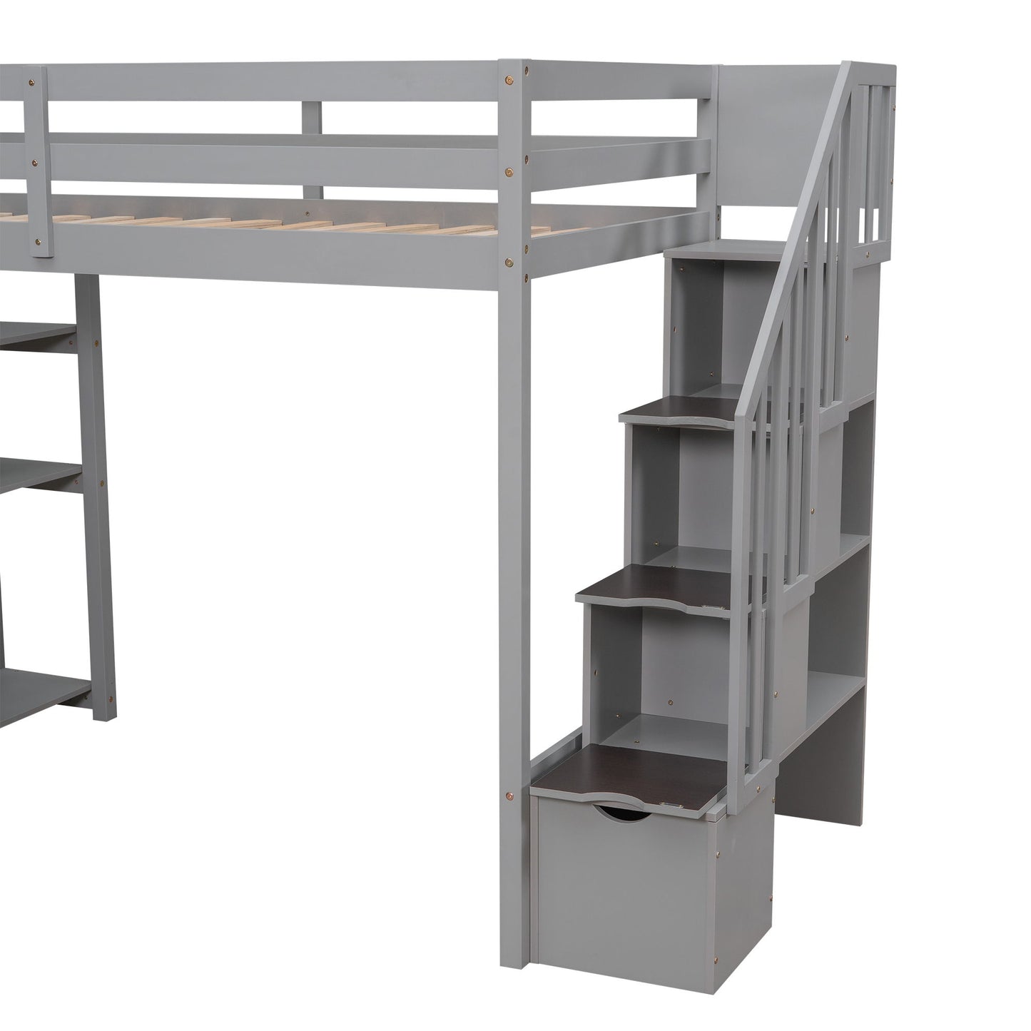 Twin Size Loft Bed With Storage Drawers And Stairs With Shelves - Gray