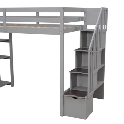 Twin Size Loft Bed With Storage Drawers And Stairs With Shelves - Gray