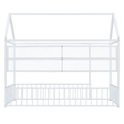 Twin Size Bed House Frame With Fence And Shelves - White