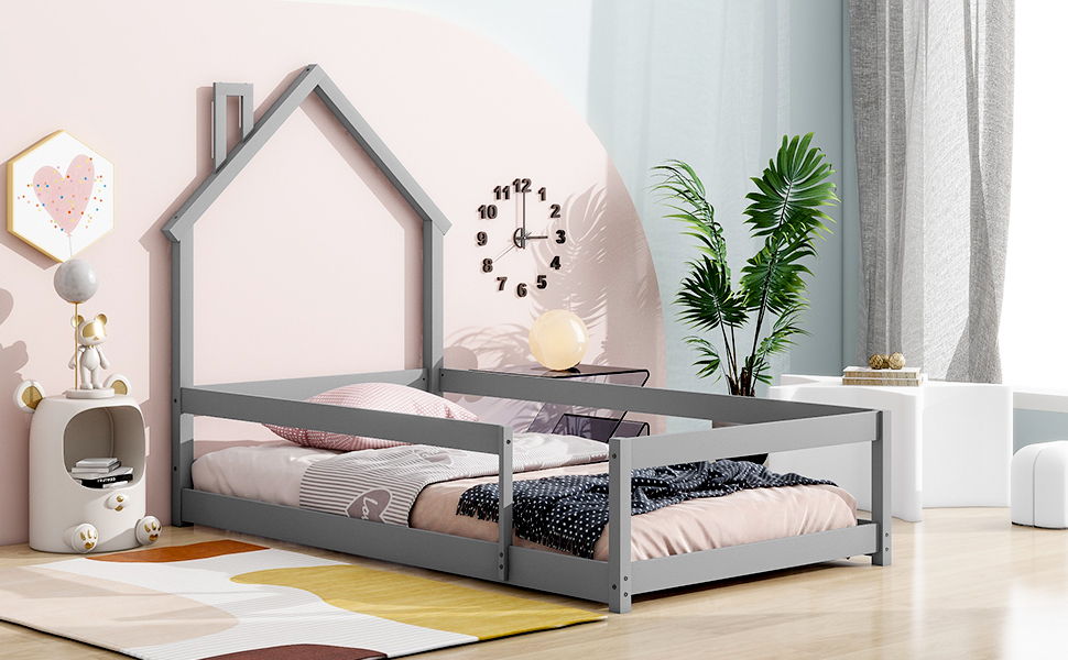 Twin Size Wood Bed With House-Shaped Headboard Floor Bed With Fences - Gray