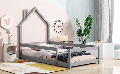 Twin Size Wood Bed With House-Shaped Headboard Floor Bed With Fences - Gray