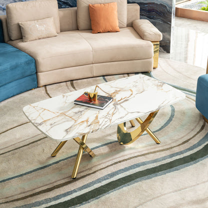 Elegant Stainless Steel Coffee Table With Marble Pattern For Living Room & Office - Gold
