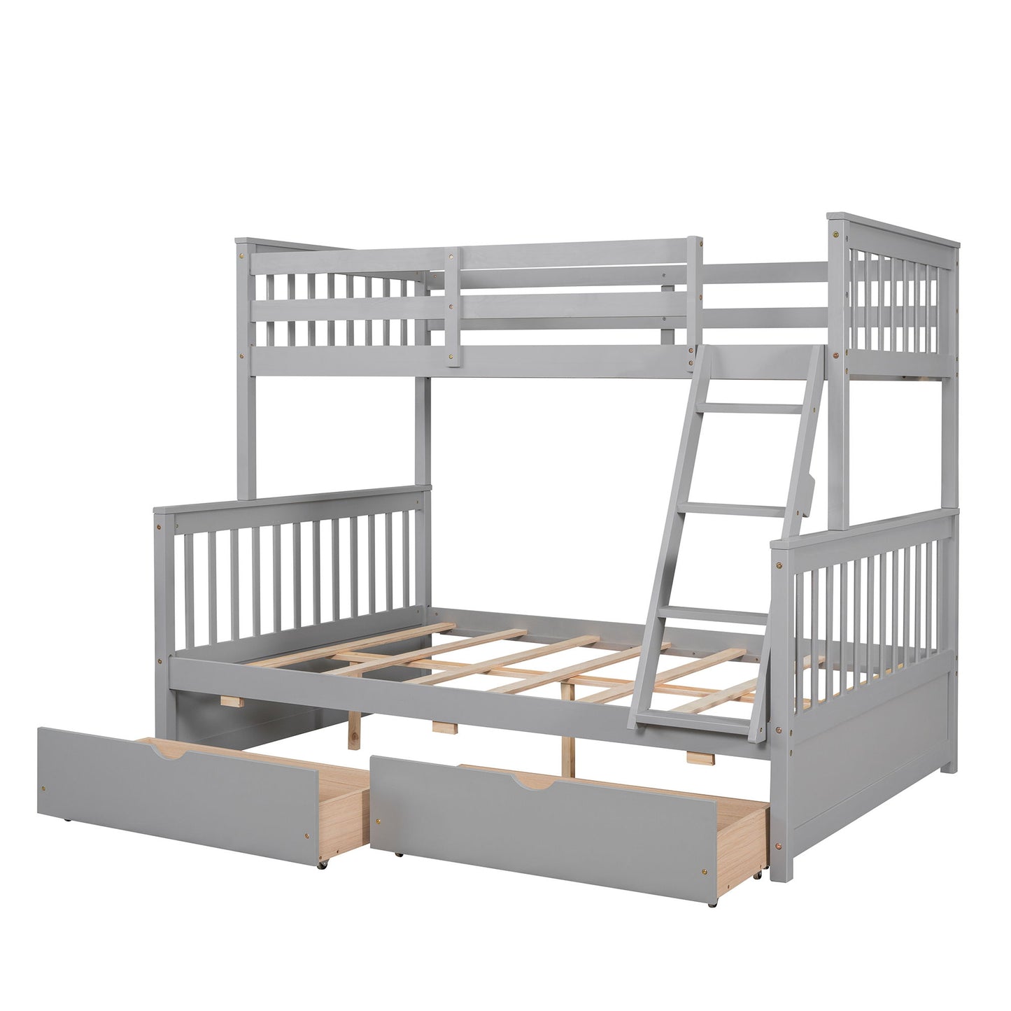 Twin Over Full Bunk Bed With Ladders And Two Storage Drawers - Gray