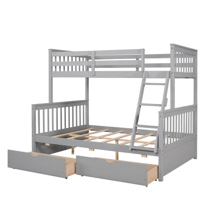 Twin Over Full Bunk Bed With Ladders And Two Storage Drawers - Gray